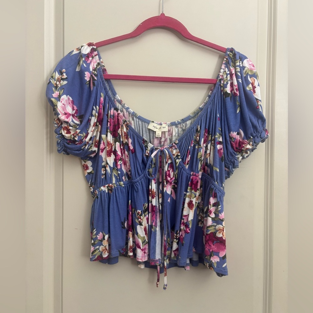 Blue Ruched Ruffled Blouse with Short Sleeves